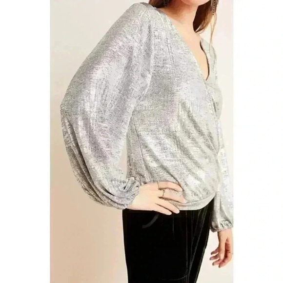 Anthropologie Carys Dolman Metallic Silver Faux Wrap Blouse Top XSP - Picture 2 of 9